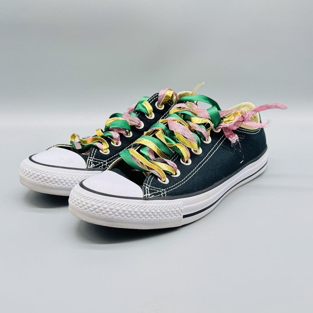 Converse Shoes Womens 8 Black All Star Low Top Custom Ribbon Laces Unique - Picture 4 of 12